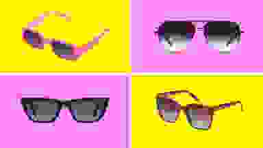 Four pairs of Quay sunglasses in front of multicolored backgrounds.