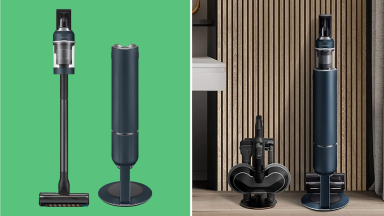 Samsung Bespoke cordless vacuum against green background and against a wall.