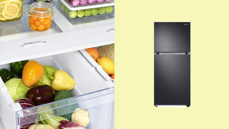 A black fridge on a yellow background next to an open crisper drawer