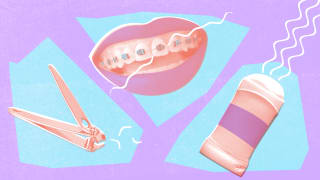 Cartoon graphic of fingernail clipper, a smiling mouth with braces, and a stick of deodorant.