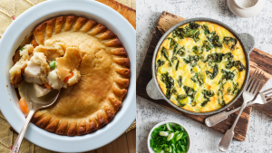 On left, a turkey pot pie in a white dish . On right, a veggie frittata on a wooden surface.