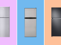 Three refrigerators on pink, blue and orange background