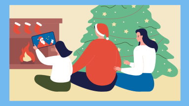 An illustration of a family looking at Santa on a digital device