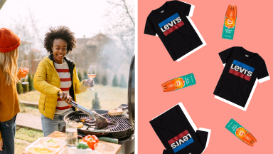 COLLAGE OF WOMAN GRILLING WITH LEVIS SHIRT AND BUG SPRAY