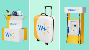 An image of a Walmart+-logo emblazoned box of delivered items, travel suitcase, and gas pump.